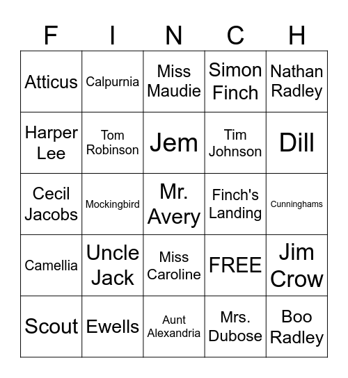 To Kill a Mockingbird Review Game Bingo Card