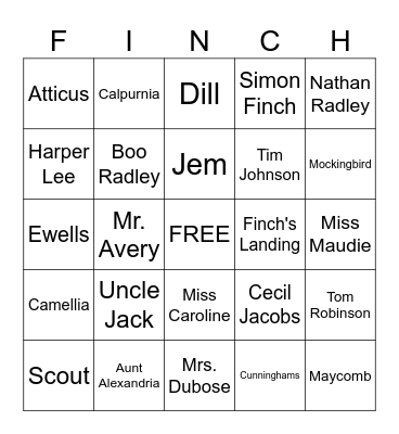 To Kill a Mockingbird Review Game Bingo Card