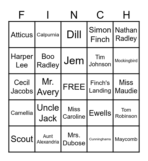 To Kill a Mockingbird Review Game Bingo Card