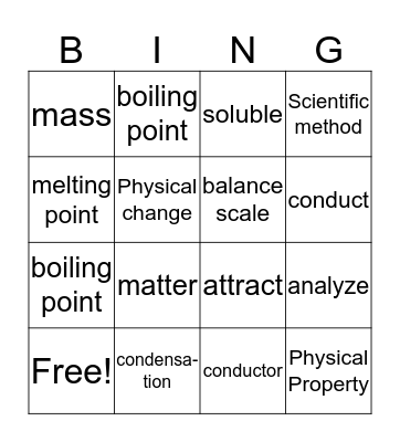 Matter and Scientific Method Bingo Card