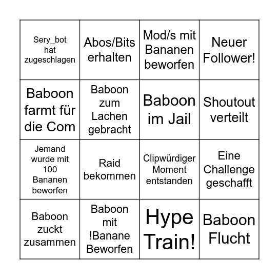 Baboon Bingo Card