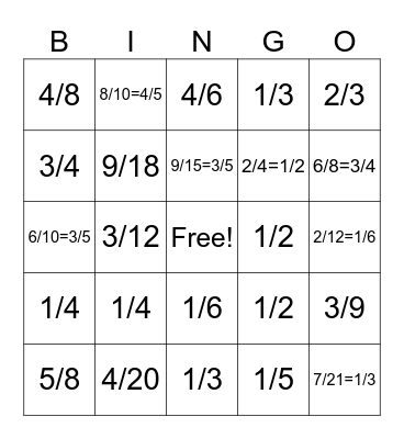 Simplifying Fractions Bingo Card