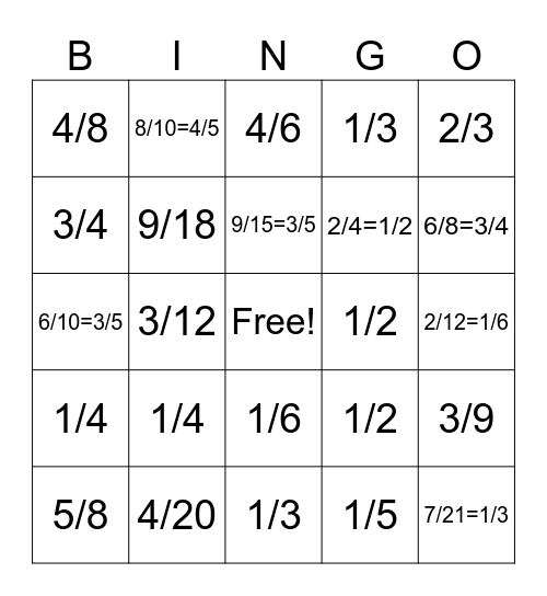 Simplifying Fractions Bingo Card