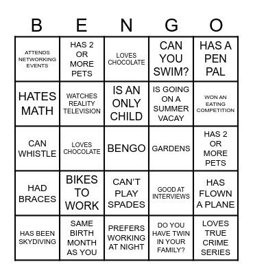BEN Membership Game Night Mixer Bingo Card