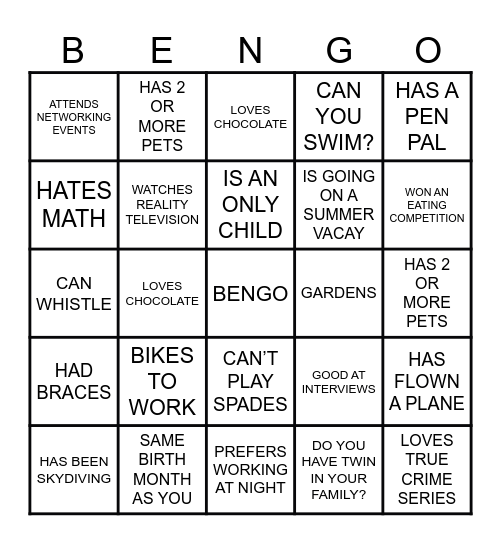 BEN Membership Game Night Mixer Bingo Card