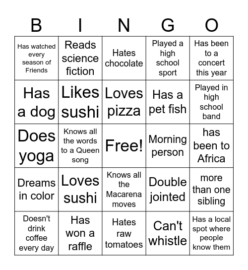 Pixiters Bingo Card