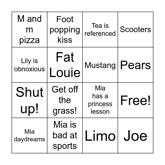 Princess Diaries Bingo Card