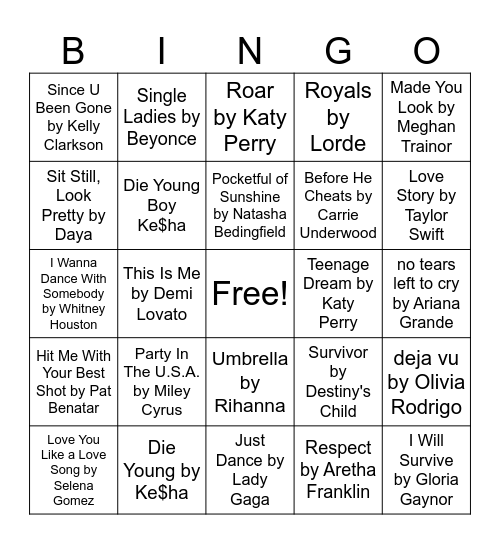 Girl Power Songs Bingo Card