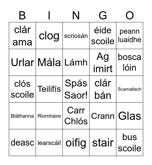 Cluiche Bingo Card
