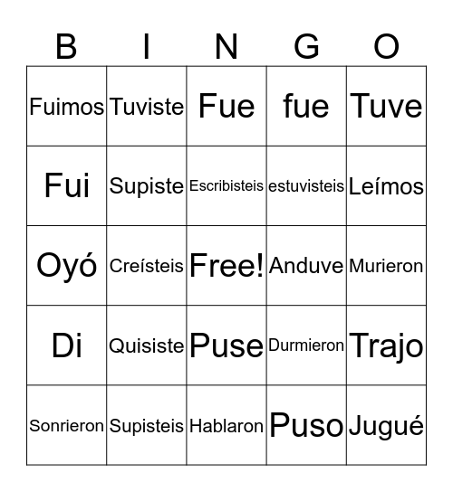 Irregular Preterite Bingo 3 Bingo Card 5891