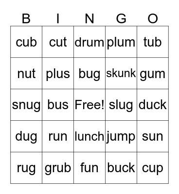 Short u  Bingo Card