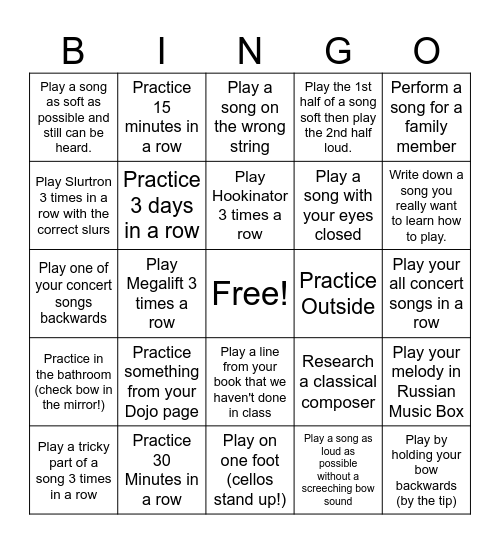 Spring Break Practice Bingo Card