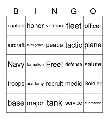 Military Vocabulary Bingo Card