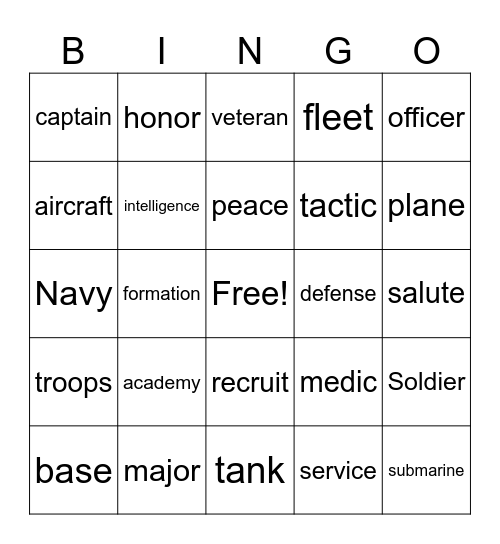 Military Vocabulary Bingo Card