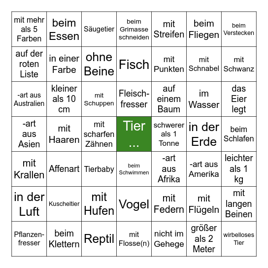 Zoo-Safari Bingo Card