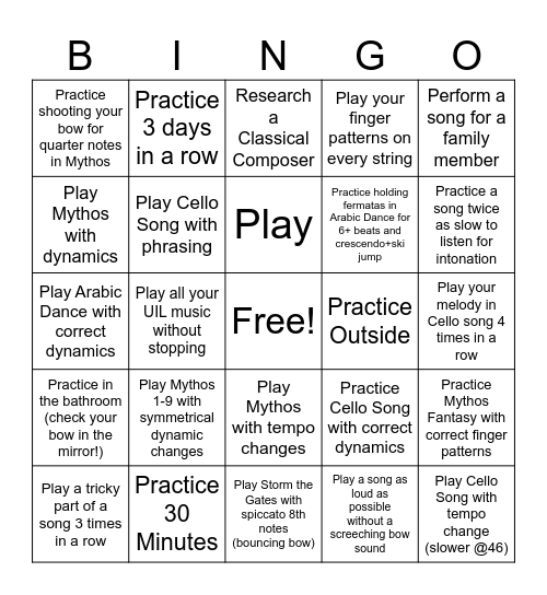 Spring Break Practice Bingo Card