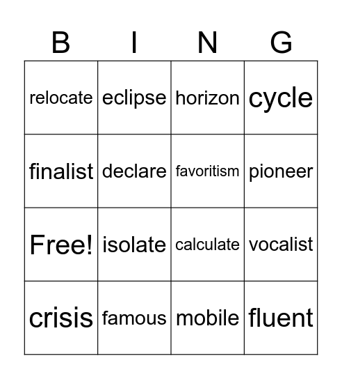 Advanced list U5W2 Bingo Card