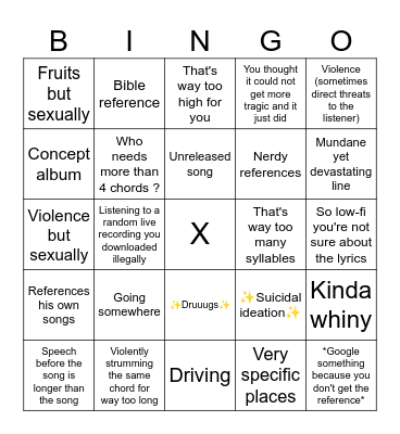 The Mountain Goats songs Bingo Card
