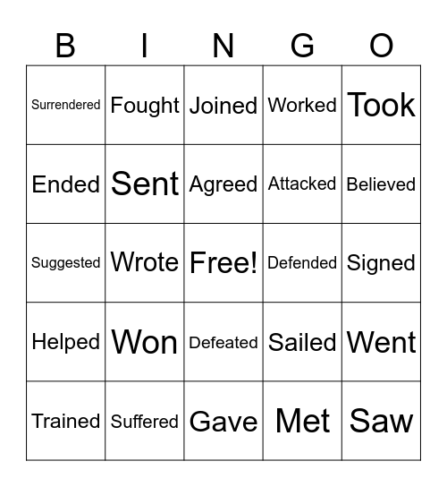 The American Revolution: Past Tense Verbs Bingo Card