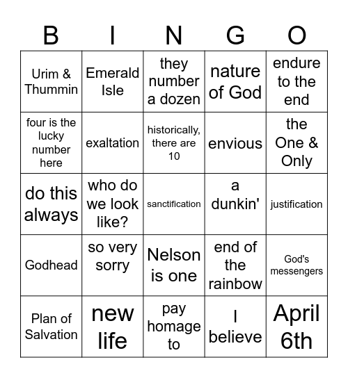 D & C 20: 1-37, March 17th Bingo Card