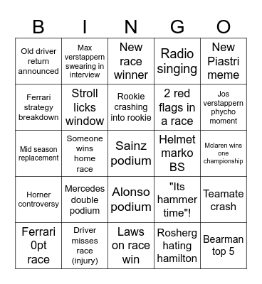 F1 Bingo Card