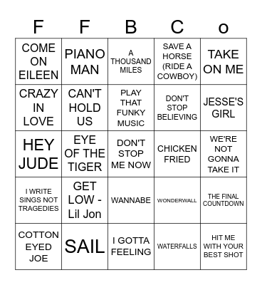 BAR ROOM SING ALONGS Bingo Card