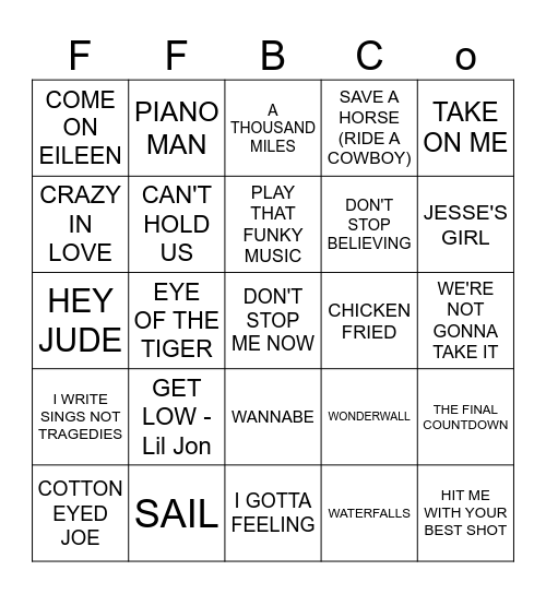 BAR ROOM SING ALONGS Bingo Card