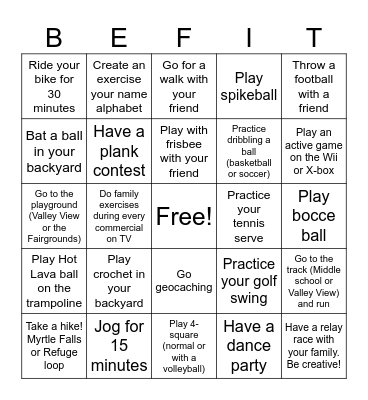 Fitness Bingo Card