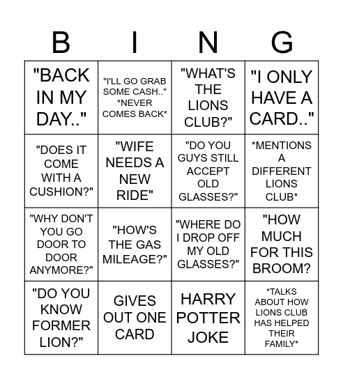 LIONS CLUB BINGO Card