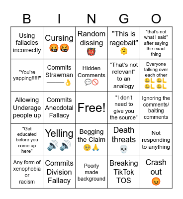 TikTok Debate Live Bingo Card