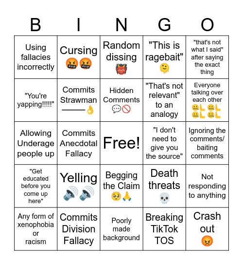 TikTok Debate Live Bingo Card