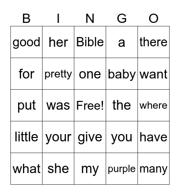 Sight Words Bingo Card