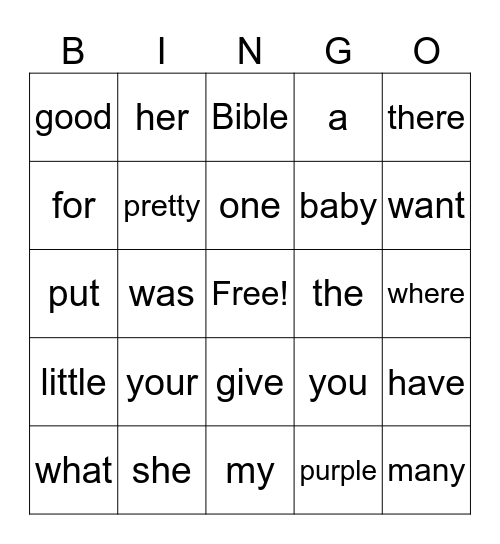 Sight Words Bingo Card