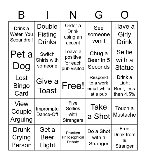 SHENANIGANS - BIRTHDAY PUB CRAWL! Bingo Card