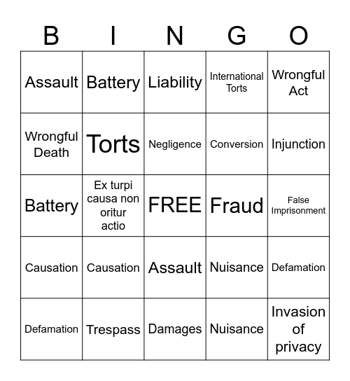Tort Law Bingo Card