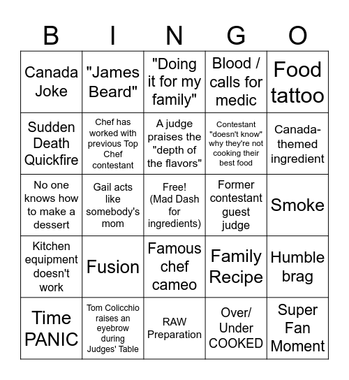 Top Chef Bingo Card