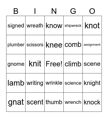 Silent Letters Bingo Card