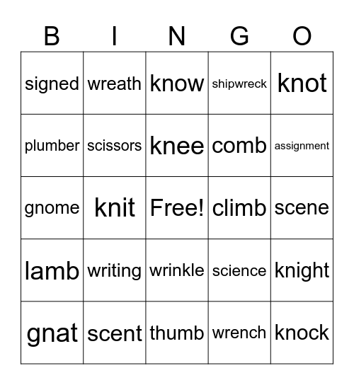 Silent Letters Bingo Card