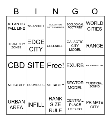 Cities & Urban Land Use Bingo Card