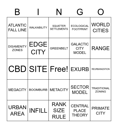 Cities & Urban Land Use Bingo Card