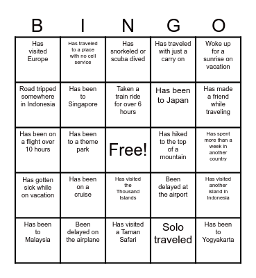 Travel Bingo Card