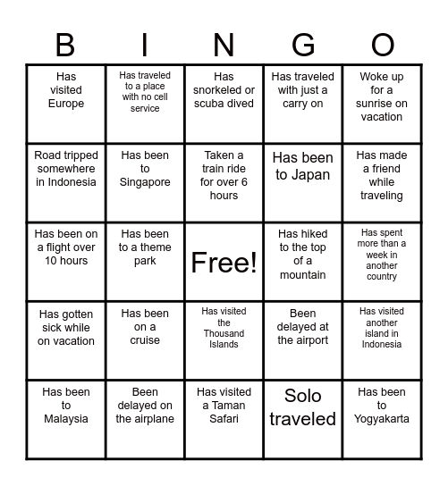 Travel Bingo Card