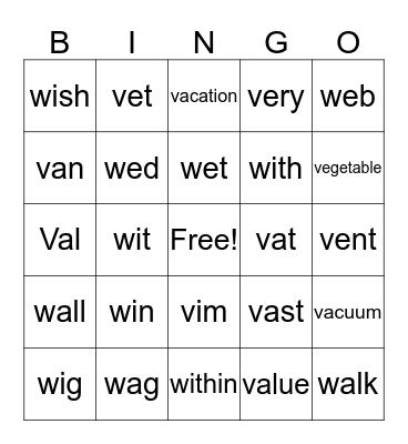 "W" and "V" Bingo Card