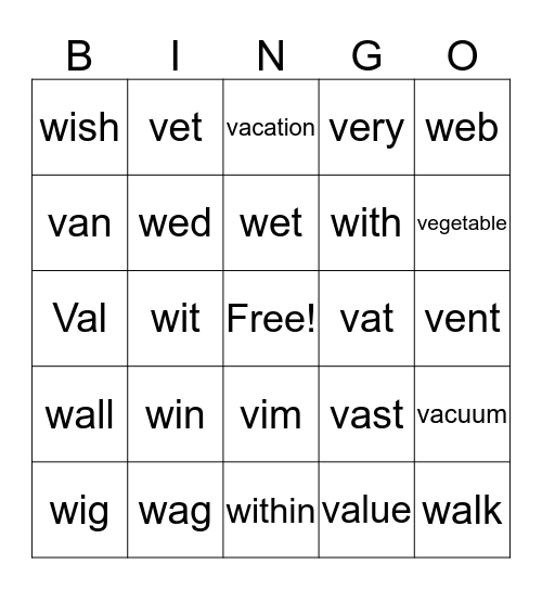 "W" and "V" Bingo Card