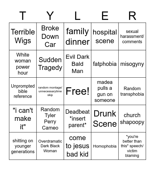 Average Tyler Perry Movie Bingo Card