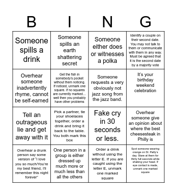 Bar Bingo Card