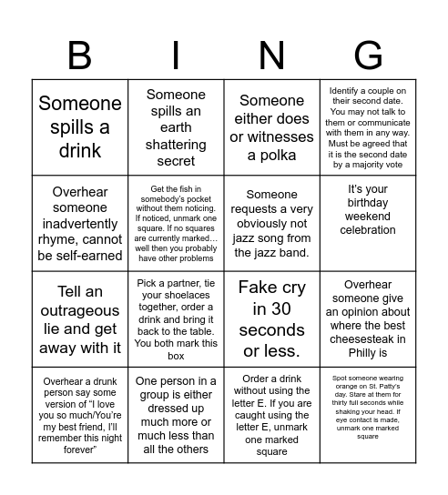 Bar Bingo Card