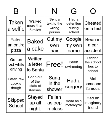 Never Have I Ever Bingo Card