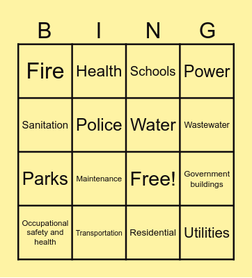 Services at City Bingo Card