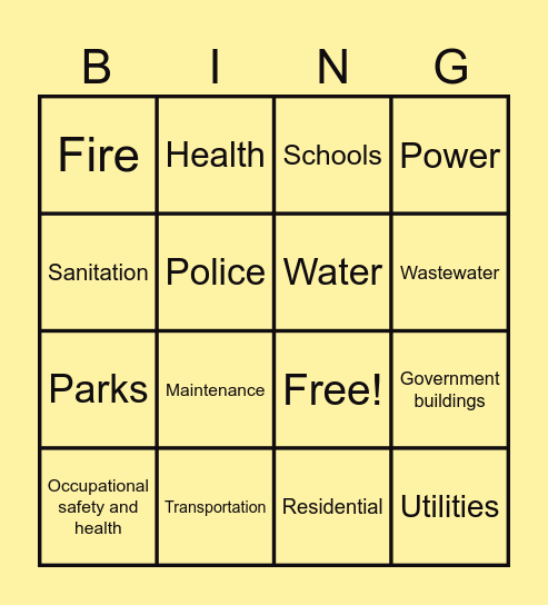 Services at City Bingo Card